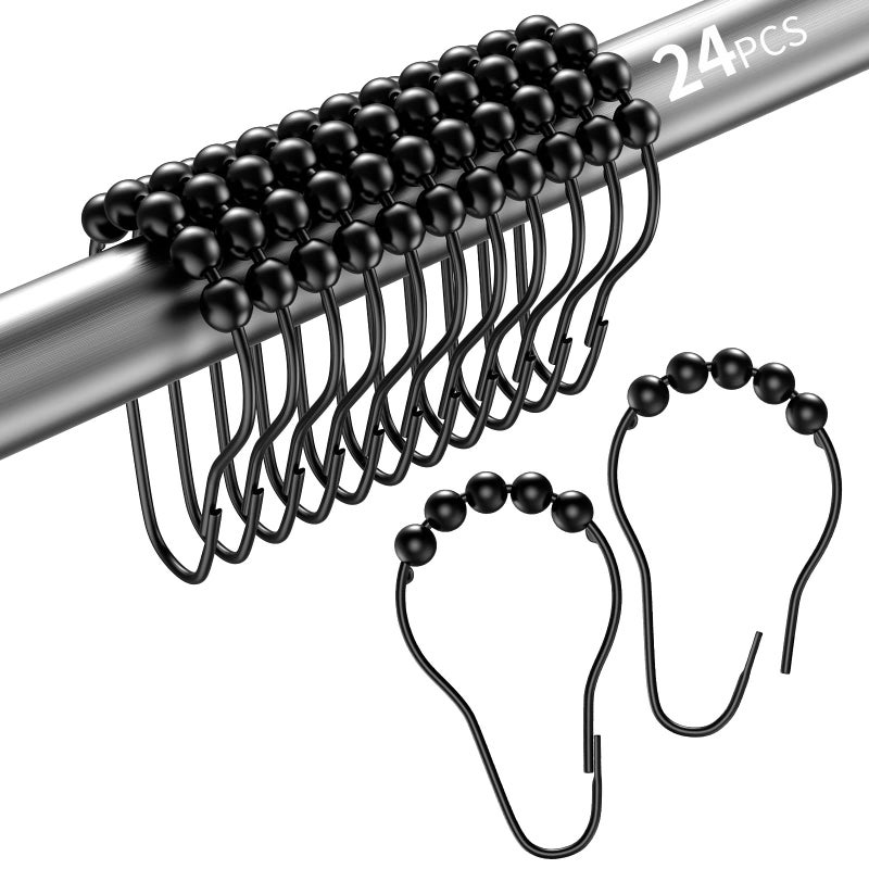 MitoVilla Stainless Steel Black Shower Curtain Hooks 24 PCS Shower Hooks for Shower Curtain Liner Rolling Balls Rust Proof Shower Rings for Curtain Accessories and Bathroom Shower Rod Set of 24