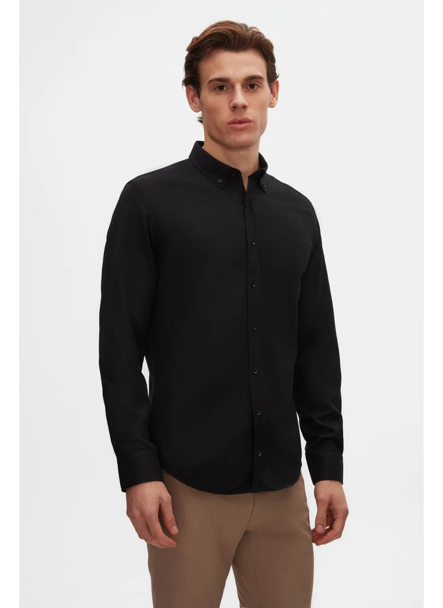 D'S DAMAT Slim Fit Black Oxford Button-down Collar Easy Iron Embroidered Detailed Cotton Shirt 4HC02ORT03265
