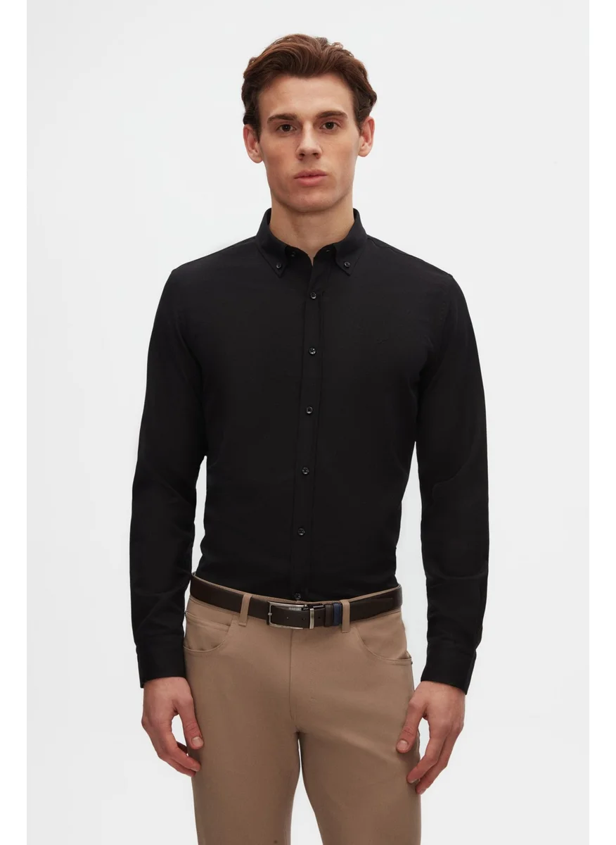 D'S DAMAT Slim Fit Black Oxford Button-down Collar Easy Iron Embroidered Detailed Cotton Shirt 4HC02ORT03265
