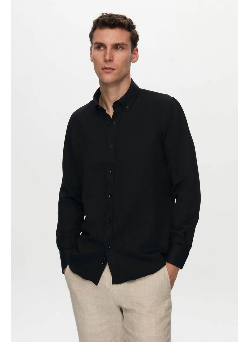 D'S DAMAT Slim Fit Black Oxford Button-down Collar Easy Ironable Embroidered Detailed Cotton Shirt 4HC02ORT03265