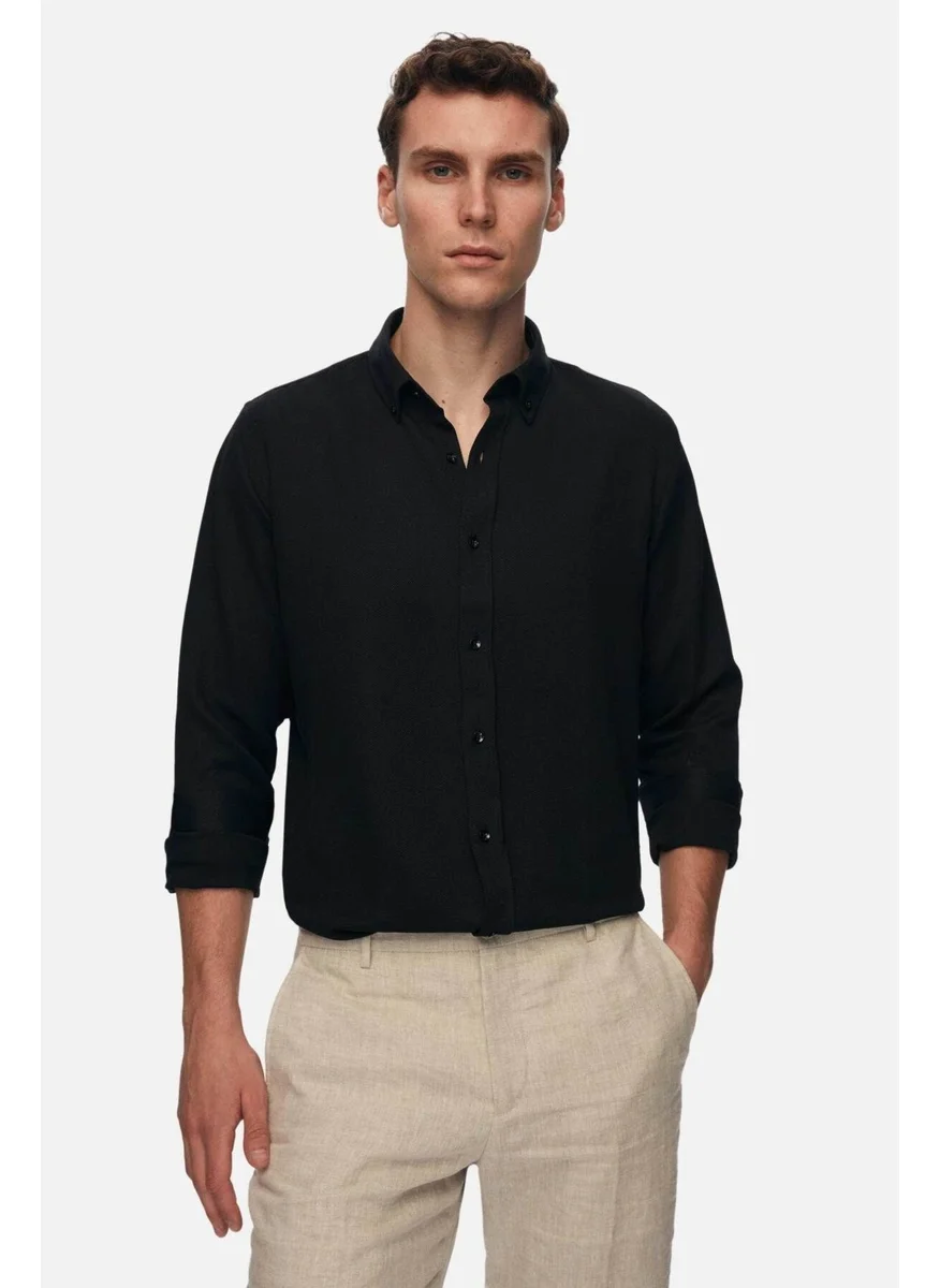 D'S DAMAT Slim Fit Black Oxford Button-down Collar Easy Ironable Embroidered Detailed Cotton Shirt 4HC02ORT03265