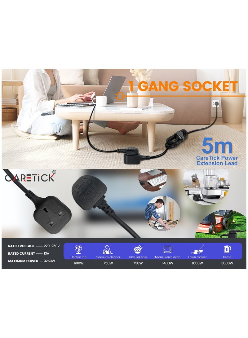 CareTick Extension Lead,1 Way Extension Cord 5 M Long Extension Cable UK 3 Pin Plugs, Surge Protected Tough and Fireproof Single Power Extension Socket for Home, Office, Garden & Warehouse(Black 1W5M) - Image 4