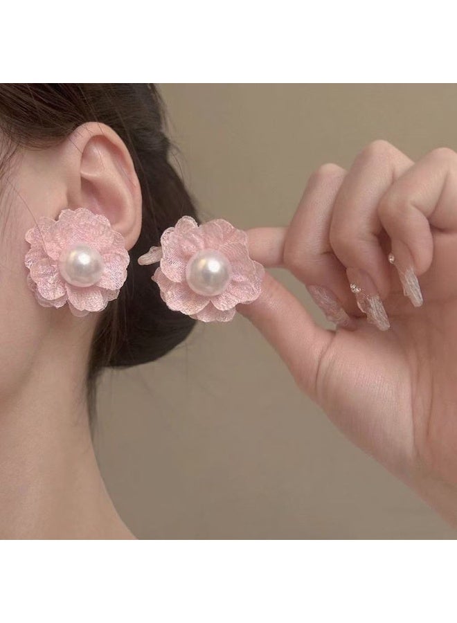 Goolsky أقراط زهور اللؤلؤ الشبكية الخيالية الربيعية للنساء - س925 فضة رومانسية وردية، بتلات شبكية هوائية مع لؤلؤة في المنتصف، مضادة للحساسية ومقاومة للتأكسد، مثالية لحفلات الحدائق، عيد، وارتداء يومي. - Image 1