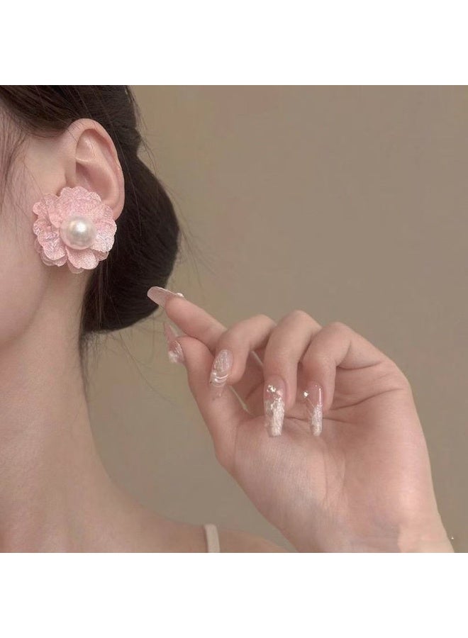 Goolsky أقراط زهور اللؤلؤ الشبكية الخيالية الربيعية للنساء - س925 فضة رومانسية وردية، بتلات شبكية هوائية مع لؤلؤة في المنتصف، مضادة للحساسية ومقاومة للتأكسد، مثالية لحفلات الحدائق، عيد، وارتداء يومي. - Image 5