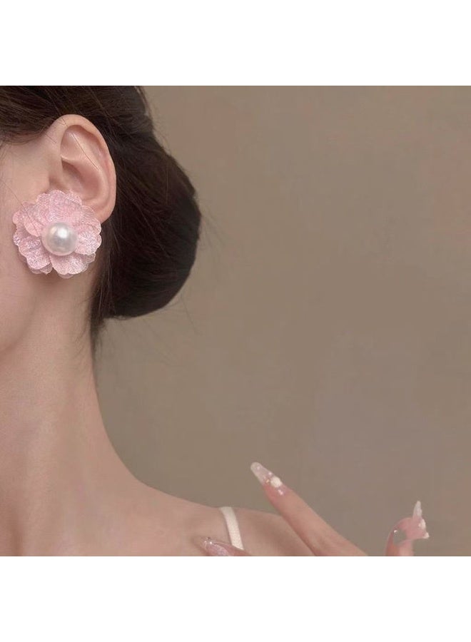 Goolsky أقراط زهور اللؤلؤ الشبكية الخيالية الربيعية للنساء - س925 فضة رومانسية وردية، بتلات شبكية هوائية مع لؤلؤة في المنتصف، مضادة للحساسية ومقاومة للتأكسد، مثالية لحفلات الحدائق، عيد، وارتداء يومي. - Image 4