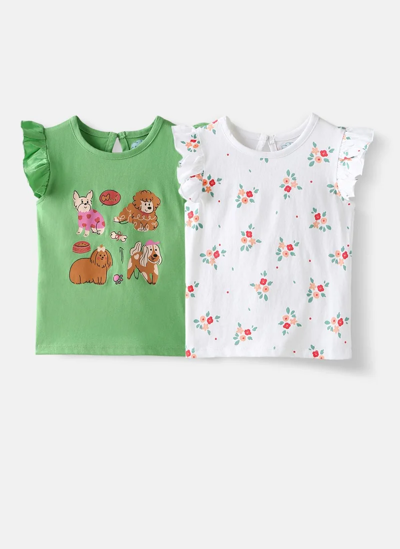Nautinati Nautinati Girls Pack of 2 Single Jersey Cotton Printed Tops