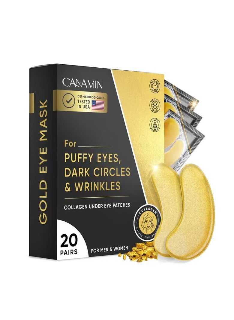 CANAMIN Under Eye Patches (20 Pairs) - Golden Under Eye Mask Amino Acid & Collagen, Under Eye Mask for Face, Dark Circles and Puffiness, Beauty & Personal Care - Image 1