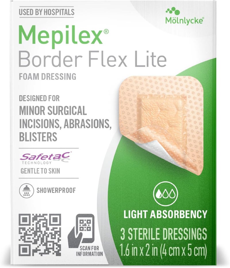 Mepilex ميبيليكس بورد فليكس لايت 16 × 2 بوصة 4 × 5 سم ضمادات طبية من الدرجة الأولى للجروح الجراحية الطفيفة والخدوش والبثور للاستخدام لعدة أيام - Image 1