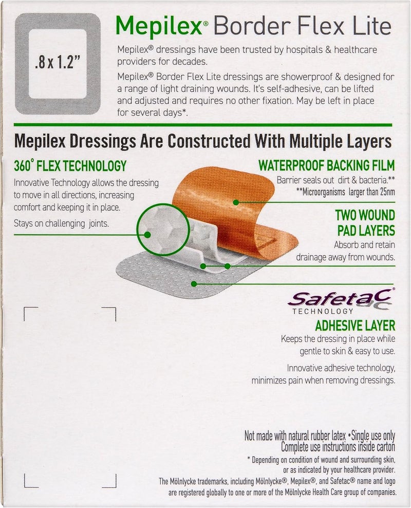 Mepilex ميبيليكس بورد فليكس لايت 16 × 2 بوصة 4 × 5 سم ضمادات طبية من الدرجة الأولى للجروح الجراحية الطفيفة والخدوش والبثور للاستخدام لعدة أيام - Image 2