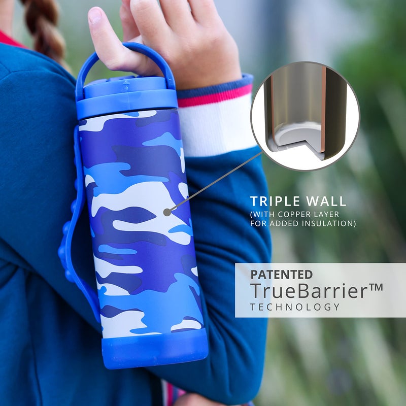 Elemental Iconic Kids Water Bottle for School - 100% Leak-Proof Insulated Water Bottles with Straw Lid & Pop-It Handle for Boys & Girls - Triple-Wall Insulated & BPA-Free, 14oz - Blue Camo - Image 2