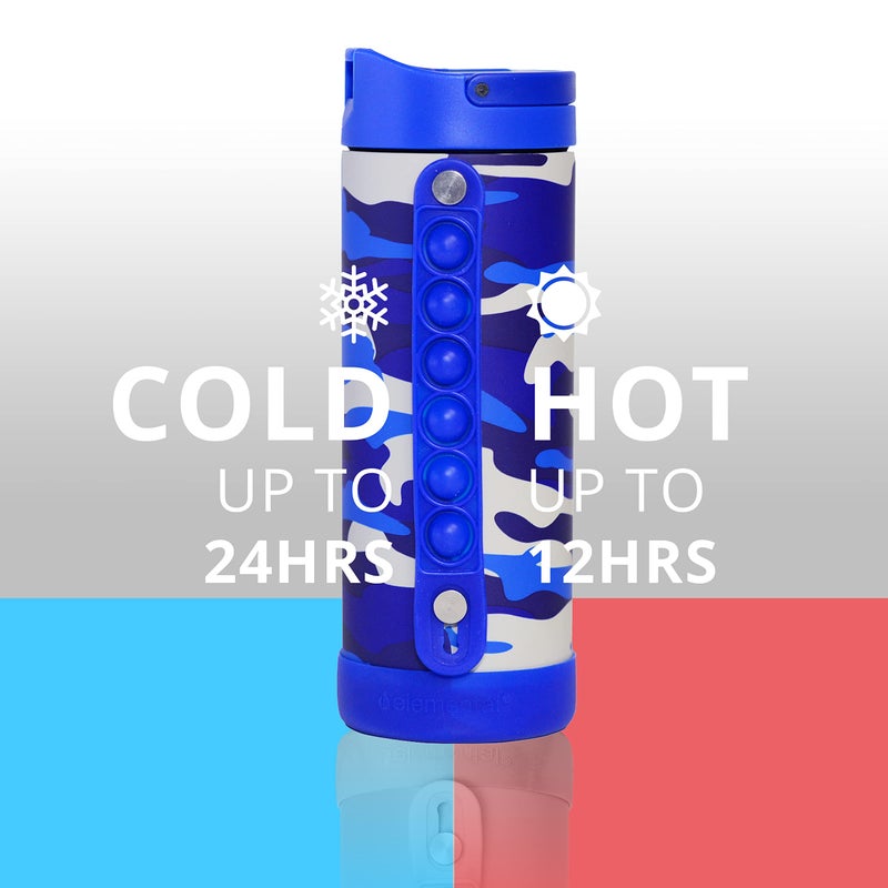 Elemental Iconic Kids Water Bottle for School - 100% Leak-Proof Insulated Water Bottles with Straw Lid & Pop-It Handle for Boys & Girls - Triple-Wall Insulated & BPA-Free, 14oz - Blue Camo - Image 4