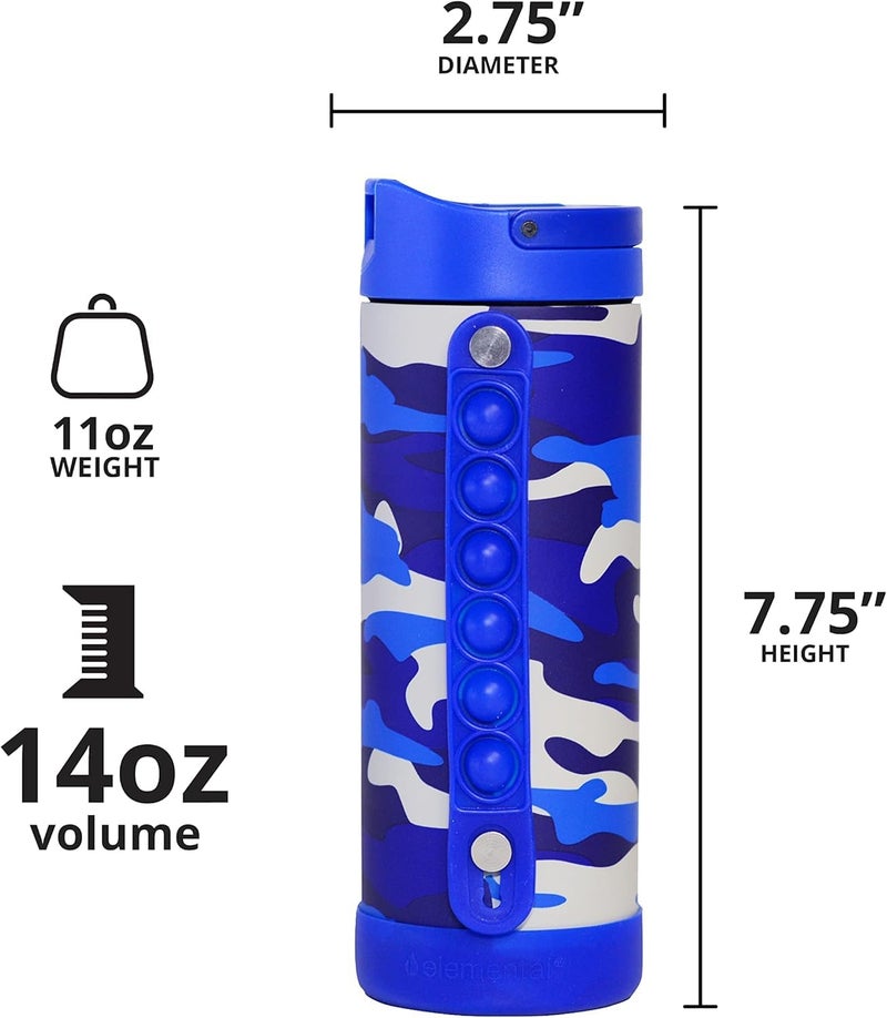 Elemental Iconic Kids Water Bottle for School - 100% Leak-Proof Insulated Water Bottles with Straw Lid & Pop-It Handle for Boys & Girls - Triple-Wall Insulated & BPA-Free, 14oz - Blue Camo - Image 3