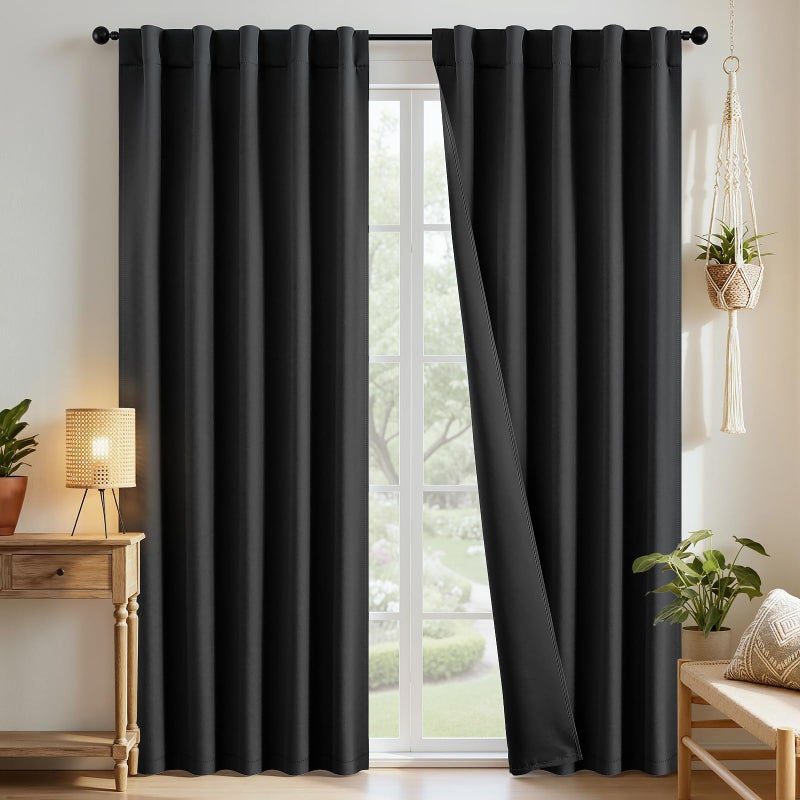 Joydeco Black Curtains 84 inch Long, Blackout Curtains for Bedroom, Thermal Insulated Privacy Room Darkening Drapes for Living Room, Black Out Drapes with Rod Pocket Back Tab 2 Panels - Image 1