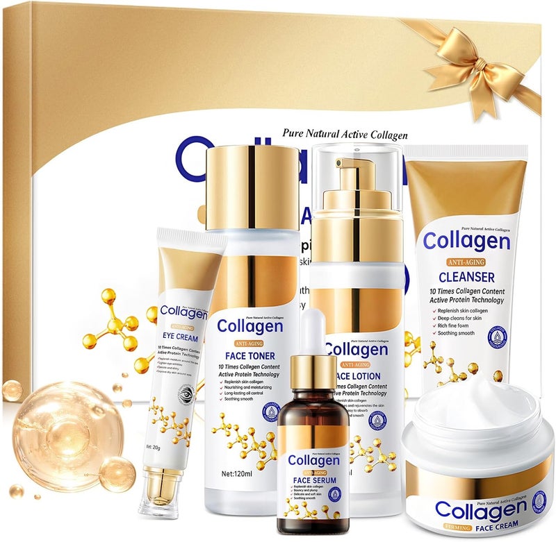 Collagen Skin Care Set Anti Aging Skincare Gift Set for Wrinkles Fine Lines Shrink Pores Hydrate Firm Skin 6 Pcs Skincare Kits for Women with Cleanser Toner Lotion Serum Cream Eye Cream
