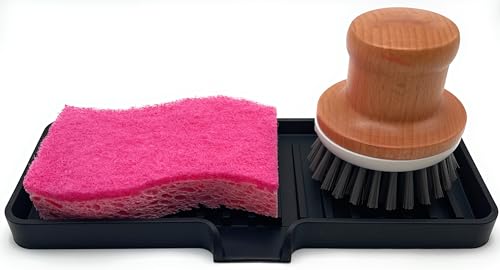 Happitasa Silicone Soap Dish Tray and Sponge Holder with Drain Chute | Bathroom and Kitchen Sink Organizer Caddy (Black, 9"x3.5", 5.6 Ounces) - Image 4