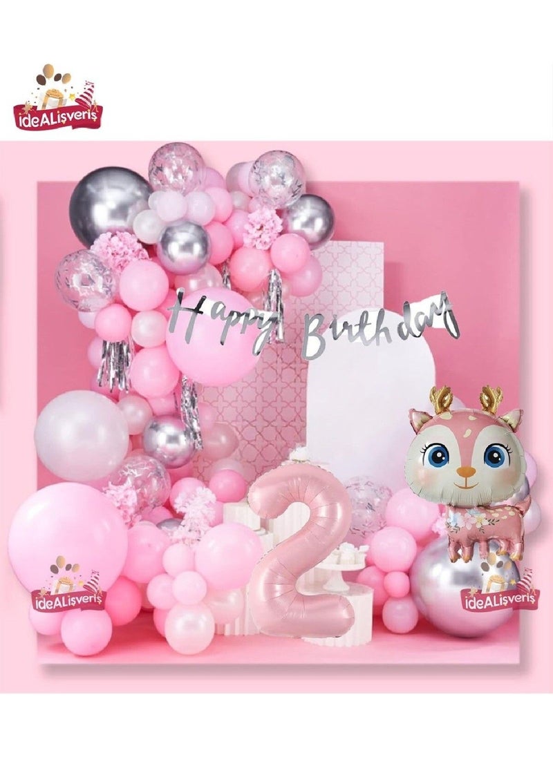 Store Girls Luxury Deer Foil Pink 2 Year Old Foil Birthday Concept Birthday Decoration Party Set  - Image 2