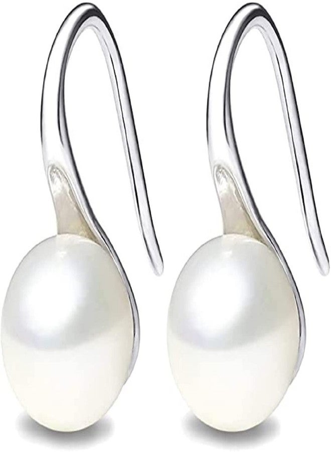 أقراط متدلية من الفضة الإسترليني عيار 925، مرصعة بلؤلؤ أبيض مستزرع من المياه العذبة، بجودة AAA+، مقاس 7.5-8 مم، مصممة للنساء - Image 2