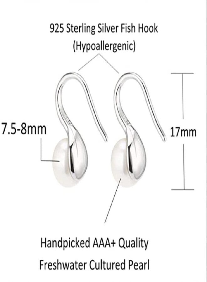 أقراط متدلية من الفضة الإسترليني عيار 925، مرصعة بلؤلؤ أبيض مستزرع من المياه العذبة، بجودة AAA+، مقاس 7.5-8 مم، مصممة للنساء - Image 3