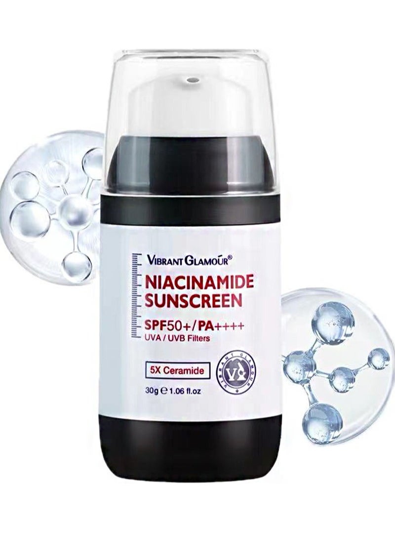 Vibrant Glamour Niacinamide Whitening Sunscreen Cream， SPF50+ PA++++ UVA/UVB Sunblock for Face Body Skin Protect 5X Ceramide Skin Barrier Repair Anti-aging Brightening Fade Dark Spots Freckles Moisturizing（30g）  - Image 1