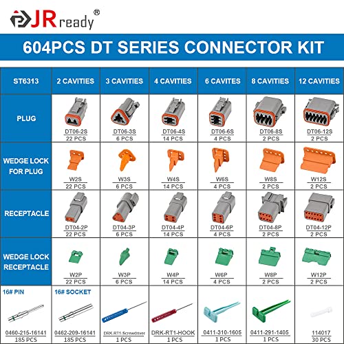 JRready ST6313 Deutsch DT Connector Kit 604PCS 2346812 Pin Waterproof Automotive Wire Connectors for Harness Repair Size 16 Solid Contacts 1420 AWG with Removal Tools Seal Plugs - Image 3