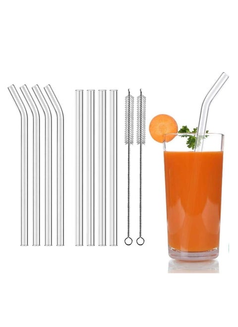 Pack of 8pcs reusable glass straws for milkshakes, frozen drinks, smoothies, bubble tea, juice, coffee, 10 mm diameter, 2 cleaning brushes