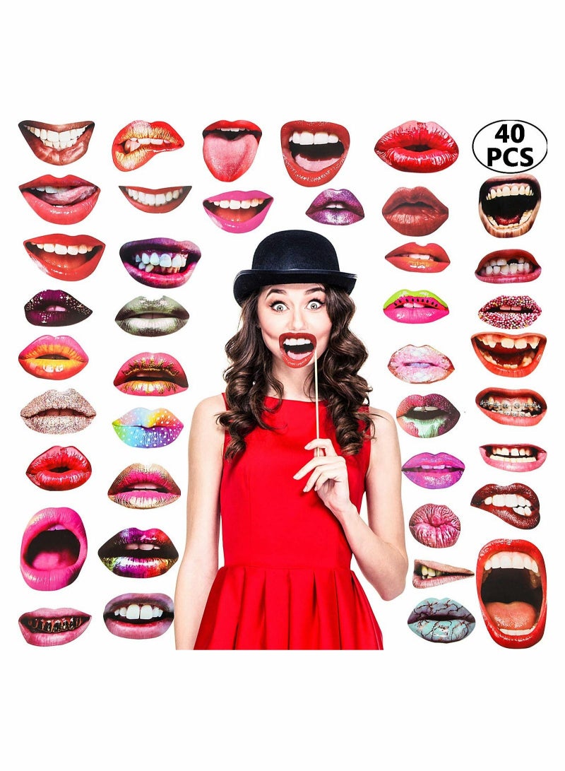 Excefore Party Photo Booth Props, 40PCS Funny Mouth Lips Photo Props Party Favor, Funny Mouth DIY Set with Wood Stick Adult Kids Selfie Props Accessories for Birthday Wedding New Year Graduation Party Supplies - Image 1