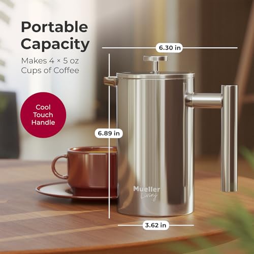 MuellerLiving French Press Coffee Maker 20oz, Stainless Steel French Press Coffee, 4 Filter Heat Resistant Double Insulated, Rust-Free, Food Grade, Dishwasher Safe Coffee Pot - Image 3