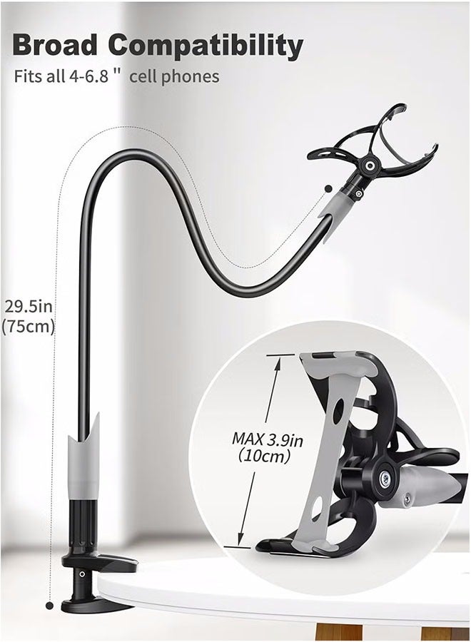 SAIJI Flexible Phone Holder and Long Arm Stand, 33.46-Inch Adjustable Telescopic Arm, 360° Rotating, Clip-On Bracket for 4.0-6.5 Inch Phones, Document Camera Holder (Black)  - Image 4