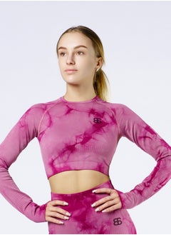 Bernessi Nylon Tie Dye Long Sleeve Crop Top with Round Neck Women's Cropped T Shirt for Workout Yoga Running Exercise Textured Dusty Rose Print  - Image 1