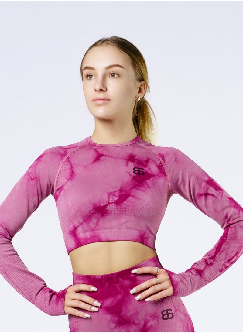 Bernessi Nylon Tie Dye Long Sleeve Crop Top with Round Neck Women's Cropped T Shirt for Workout Yoga Running Exercise Textured Dusty Rose Print  - Image 1