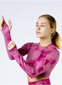 Bernessi Nylon Tie Dye Long Sleeve Crop Top with Round Neck Women's Cropped T Shirt for Workout Yoga Running Exercise Textured Dusty Rose Print  - Image 3