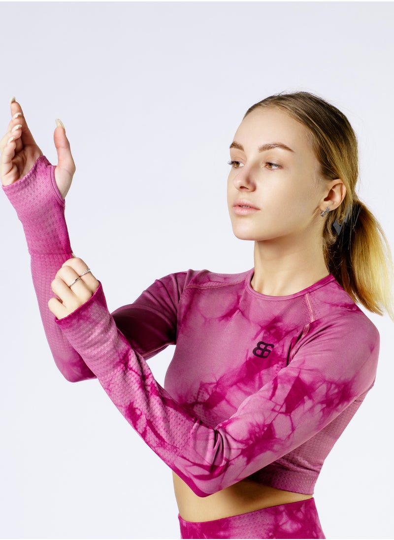 Bernessi Nylon Tie Dye Long Sleeve Crop Top with Round Neck Women's Cropped T Shirt for Workout Yoga Running Exercise Textured Dusty Rose Print  - Image 3