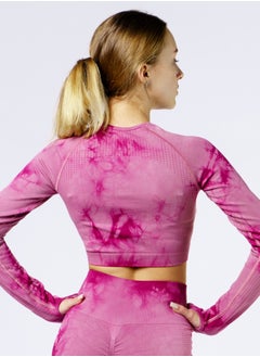 Bernessi Nylon Tie Dye Long Sleeve Crop Top with Round Neck Women's Cropped T Shirt for Workout Yoga Running Exercise Textured Dusty Rose Print  - Image 2