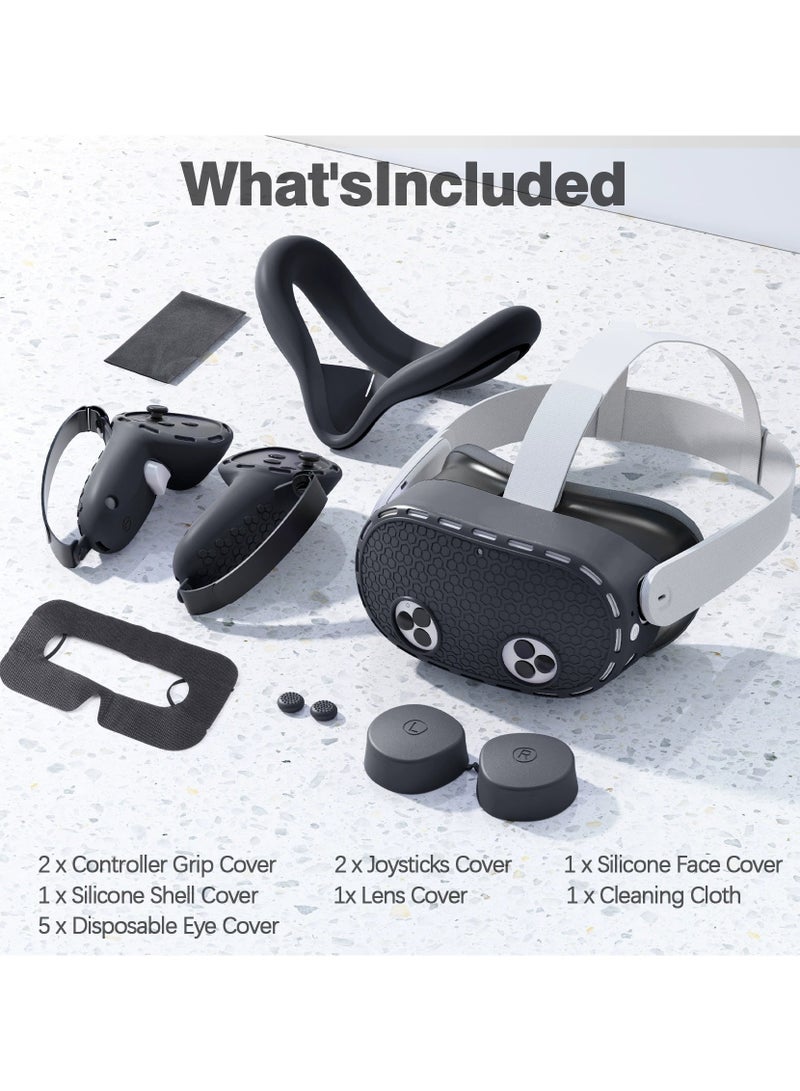 Protective Cover for Oculus/Meta Quest 3S Accessories - Face Cover, VR Shell, Lens Cover, Controller Grip Cover with Knuckle Strap, Disposable Eye Covers, Cleaning Cloth - Full Protection VR Accessories Kit (Black)  - Image 2