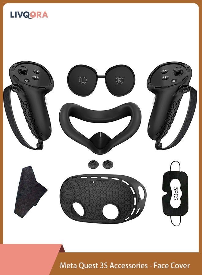 ليفقورا غطاء حماية لملحقات Oculus/Meta Quest 3S - غطاء للوجه، وغطاء للواقع الافتراضي، وغطاء للعدسات، وغطاء لمقبض وحدة التحكم مع حزام للمفاصل، وأغطية للعين للاستخدام مرة واحدة، وقطعة قماش للتنظيف - مجموعة ملحقات الواقع الافتراضي للحماية الكاملة (أسود) - Image 1