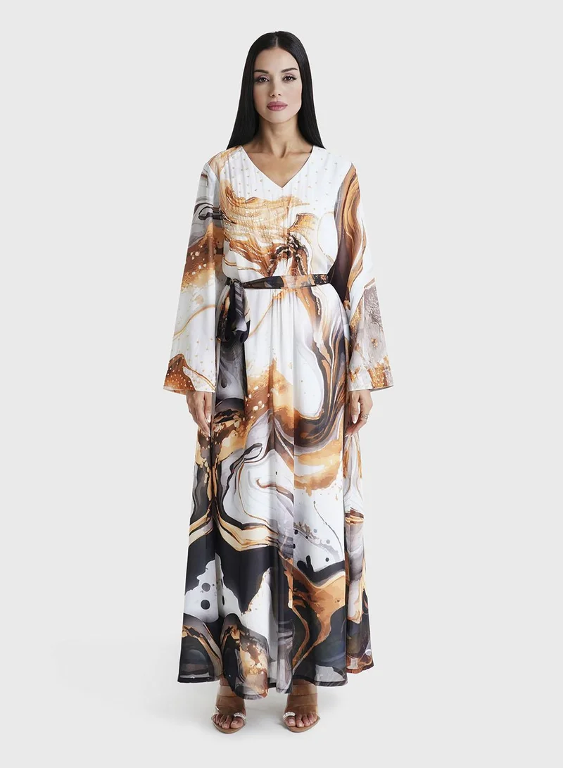 KASHKHA Rust Marble Printed Faux Georgette Hand Work Maxi Dress (VW218)
