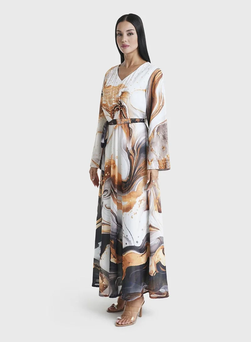 KASHKHA Rust Marble Printed Faux Georgette Hand Work Maxi Dress (VW218)