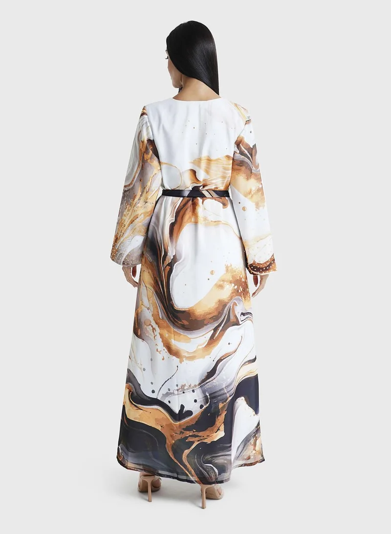 KASHKHA Rust Marble Printed Faux Georgette Hand Work Maxi Dress (VW218)