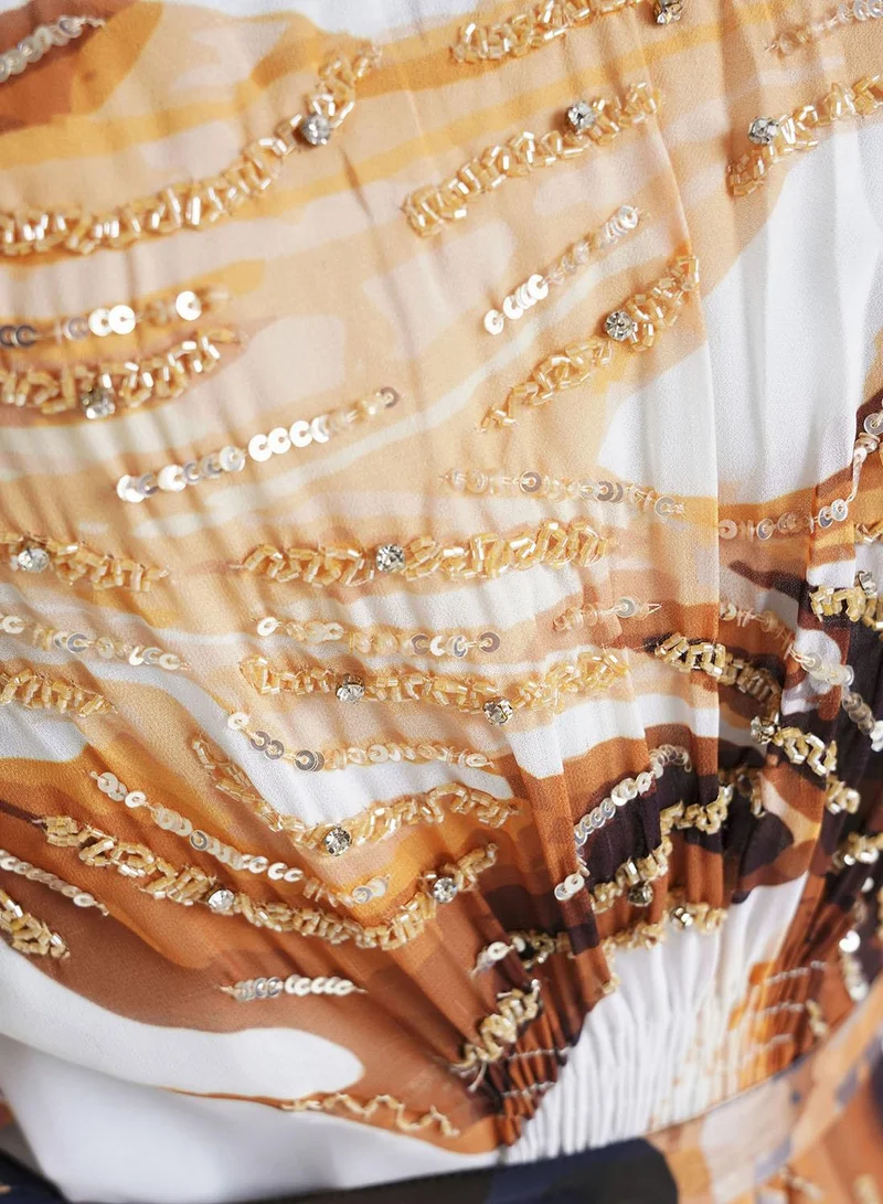 KASHKHA Rust Marble Printed Faux Georgette Hand Work Maxi Dress (VW218)