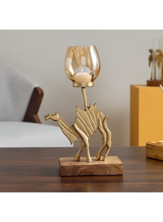 Home Box Rayon Aluminium Camel Tealight Holder with Wooden Base 19 x 10 x 32.5 cm - Image 1