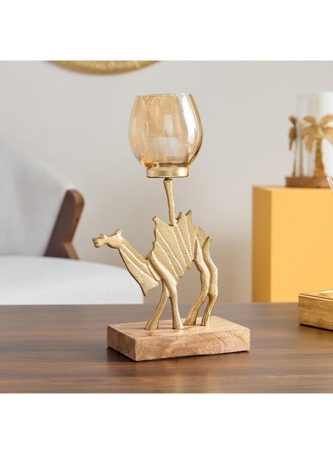 Home Box Rayon Aluminium Camel Tealight Holder with Wooden Base 19 x 10 x 32.5 cm - Image 2