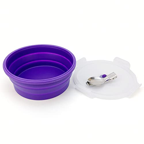 Lunbengo 1200ml Large Camping Bowl with Foldable Spoon, Collapsible Bowl With Lid, Silicone Bento Box, For Travel Camping Meal Prep & Food Storage, Microwave Dishwasher Safe, Purple - Image 2