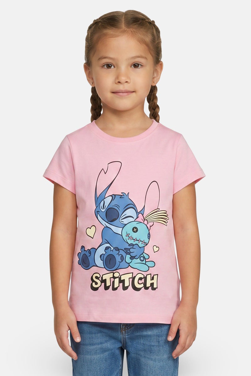 Disney Kids Girl Crew Neck Short Sleeve Lilo And Stitch Print T-Shirt, Pink - Image 1