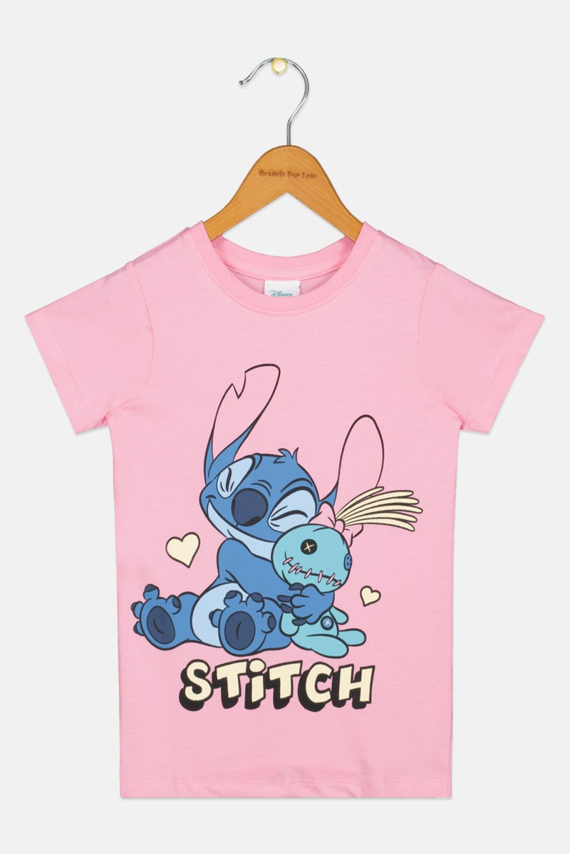 Disney Kids Girl Crew Neck Short Sleeve Lilo And Stitch Print T-Shirt, Pink - Image 2