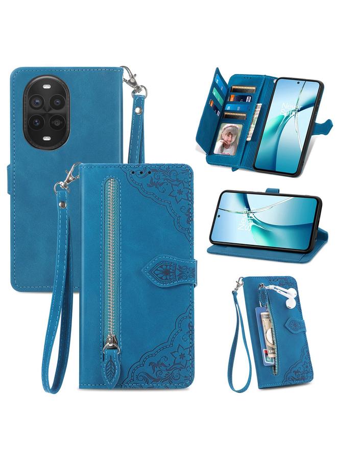 اس-توب جراب لهاتف Huawei nova 13 Pro مصنوع من الجلد بسحاب ونقوش زهور - Image 1