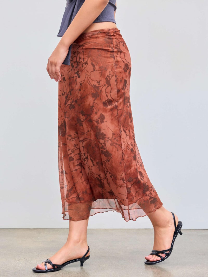 CIDER Womenâ€™s Mesh Floral Boho High Waisted Grunge Long Midi Fall Skirts Western Outfits: Red, M - Image 4