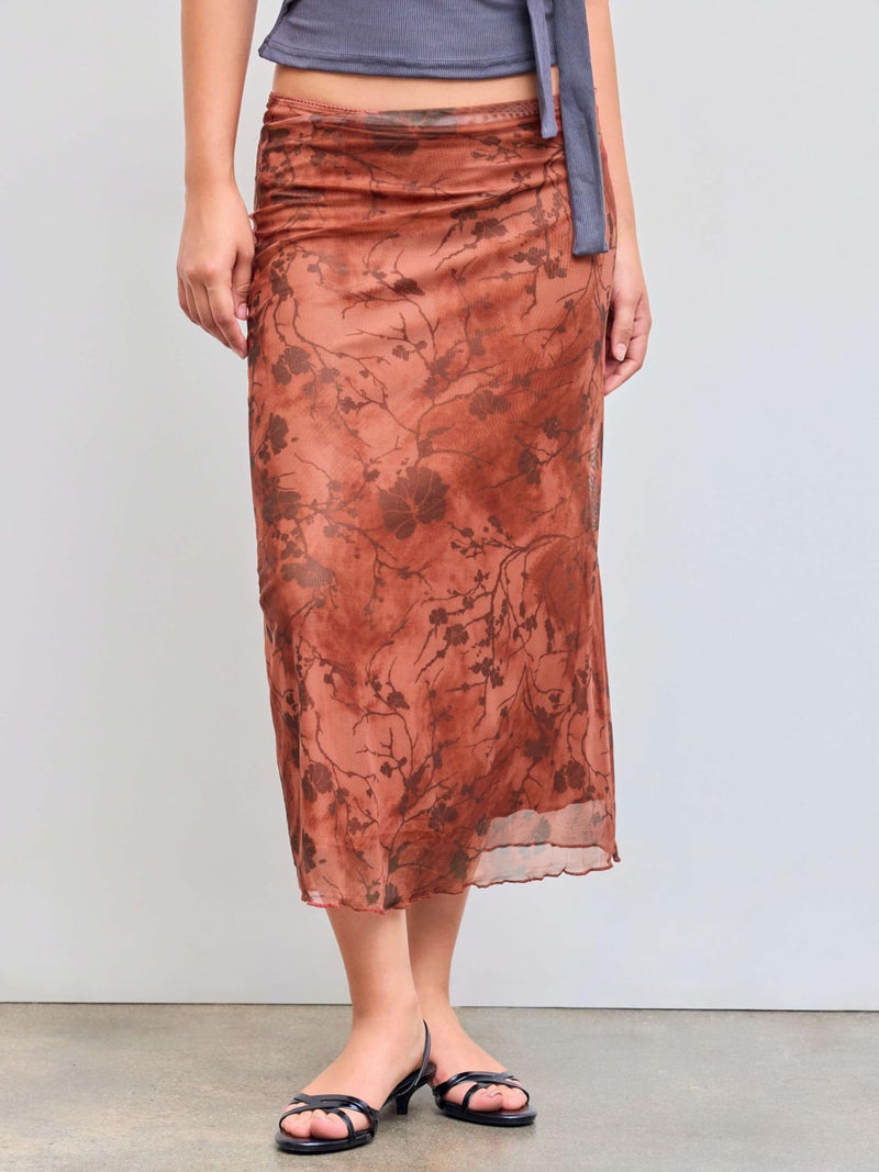 CIDER Womenâ€™s Mesh Floral Boho High Waisted Grunge Long Midi Fall Skirts Western Outfits: Red, M - Image 2