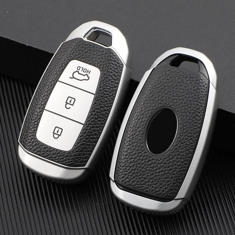 JVCV® Premium Soft TPU Leather Pattern Key Cover Compatible with Hyundai Verna 3 Button Smart Key (Silver) - Image 3