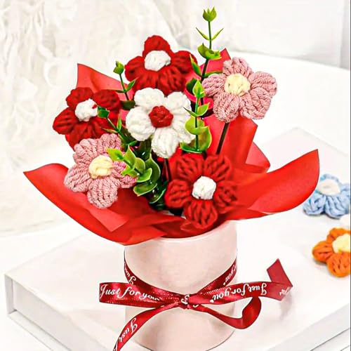 Ekhasa Nostrae by Ekhasa Red Cherry Blossom Crochet Flowers Bouquet (Small Size) | Knitted Flowers For Gifting | Woolen Bouquet Perfect For Crochet Gifts | Handmade Bouquets Gift - Image 1