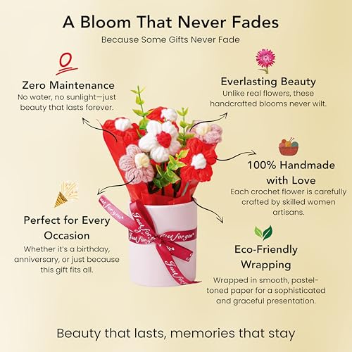 Ekhasa Nostrae by Ekhasa Red Cherry Blossom Crochet Flowers Bouquet (Small Size) | Knitted Flowers For Gifting | Woolen Bouquet Perfect For Crochet Gifts | Handmade Bouquets Gift - Image 5